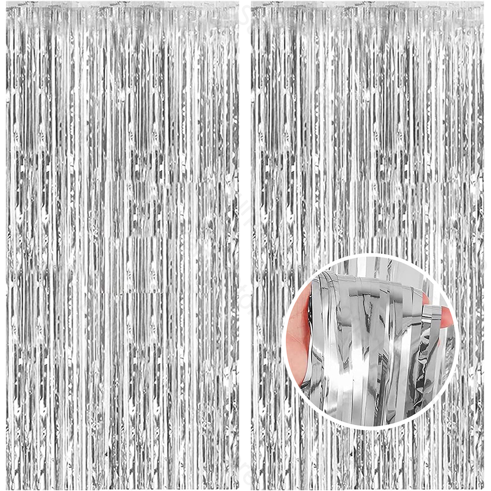 Tinsel Garland Decoration - 2Pack Silver Foil Curtain Backdrop Silver