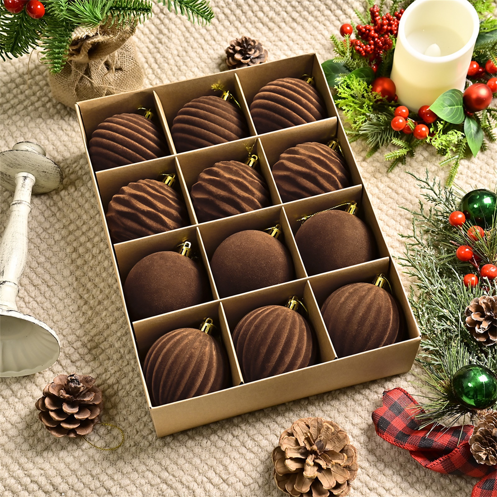 Ornament Ball Set - 12pcs 8cm Brown Christmas Balls Luxury